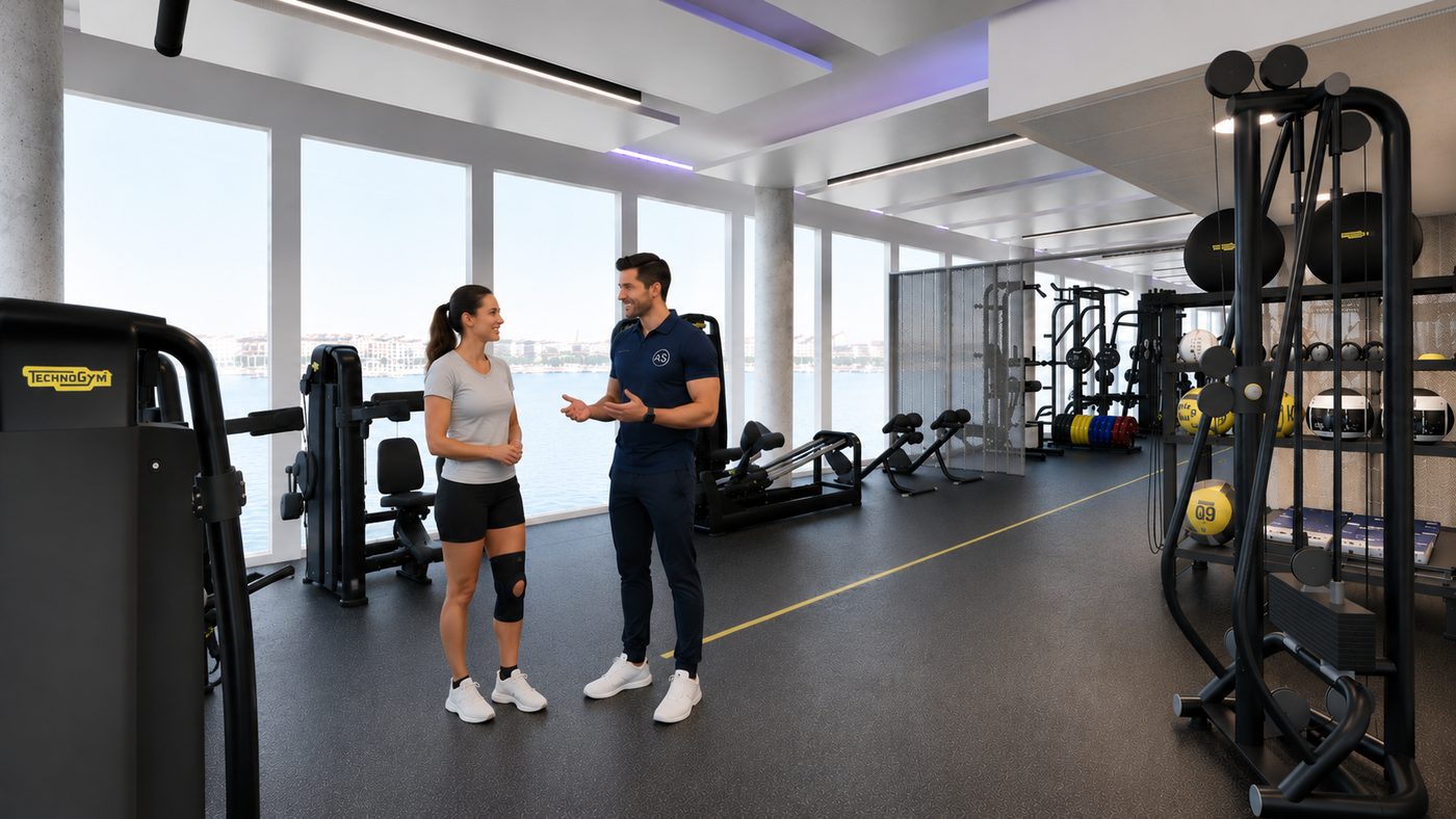 Trainer im Gespräch mit einer Kundin im Trainingsbereich von AS Physio
