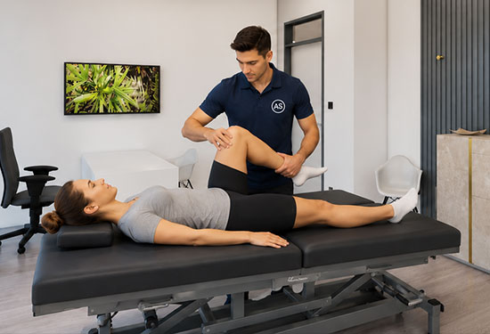 Therapeut behandelt das Bein einer Patientin auf der Therapieliege